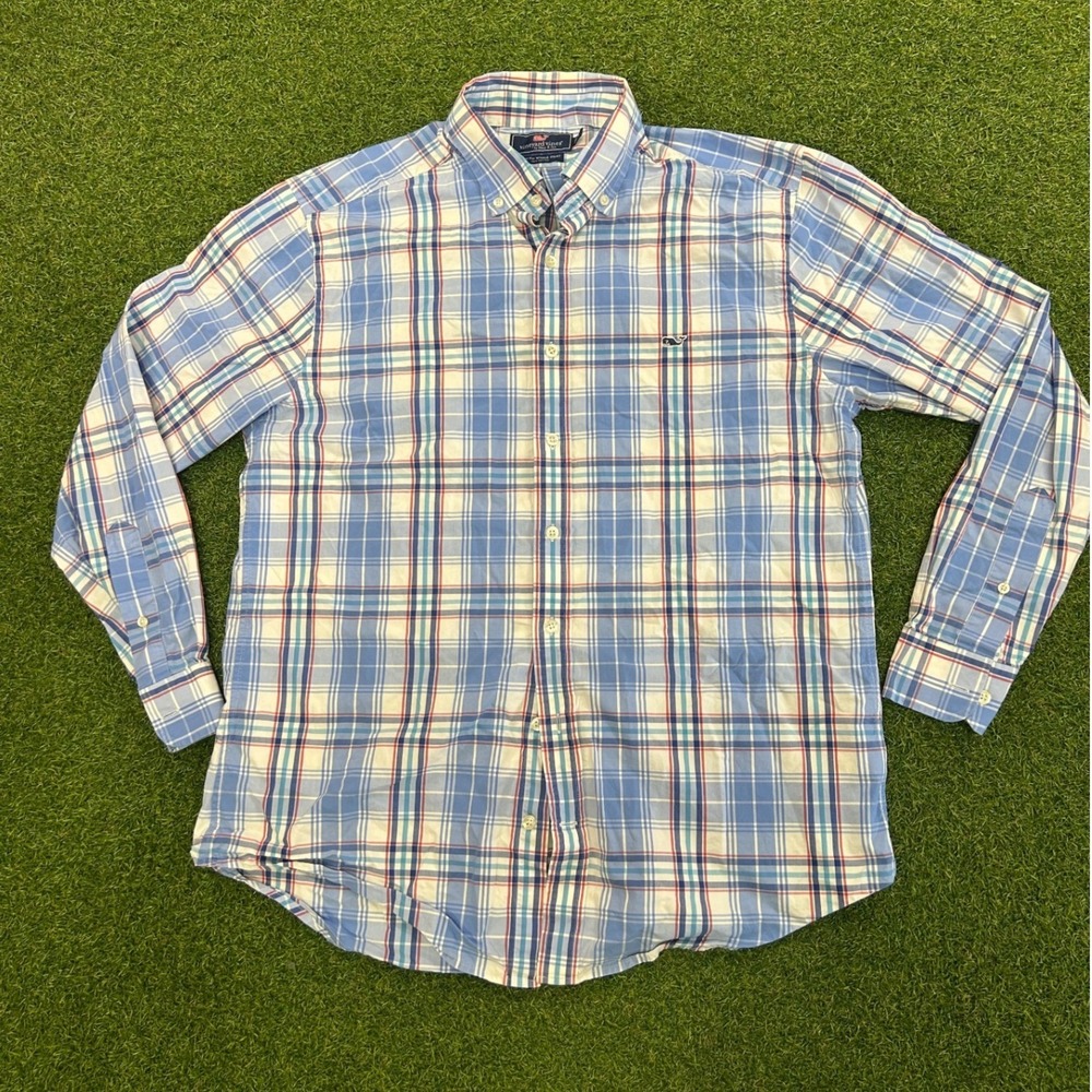 Vineyard Vines Slim Fit Whale Shirt Mens Large Blue Plaid Cotton Button Down